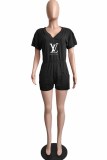 Fashion Casual Print Letter V Neck Rompers