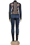 Fashion Casual Print Patchwork Zipper Collar Long Sleeve Two Pieces