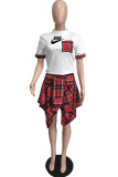 Fashion Casual Plaid Patchwork Letter O Neck Short Sleeve Two Pieces