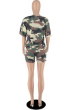 Fashion Casual Camouflage Print Letter O Neck Short Sleeve Two Pieces