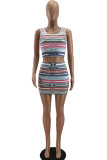 Fashion Casual Striped Print Patchwork O Neck Sleeveless Two Pieces