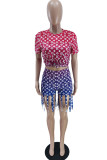 Fashion Casual Print Tassel O Neck Short Sleeve Two Pieces
