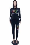 Fashion Casual Print Letter Hooded Collar Long Sleeve Two Pieces