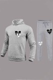 Sportswear Print Patchwork Hooded Collar Long Sleeve Two Pieces