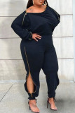 Casual Solid Patchwork Zipper O Neck Plus Size Jumpsuits