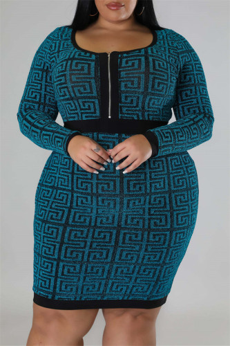 Casual Print Patchwork O Neck Long Sleeve Plus Size Dresses