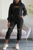 Casual Solid Ripped Hollowed Out Hooded Collar Long Sleeve Two Pieces