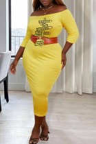 Sexy Print Letter Without Belt Off the Shoulder One Step Skirt Plus Size Dresses(Without Belt)