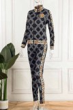 Casual Print Patchwork Zipper Collar Long Sleeve Two Pieces
