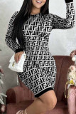 Casual Letter Patchwork O Neck One Step Skirt Dresses