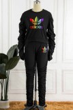 Casual Letter Embroidered Fold O Neck Long Sleeve Two Pieces
