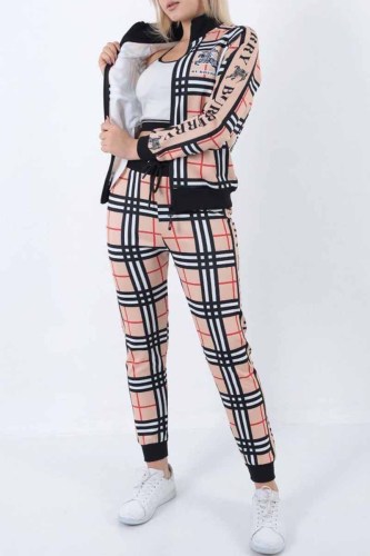 Casual Plaid Letter Zipper Collar Long Sleeve Two Pieces