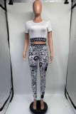Street Print Patchwork Letter O Neck Short Sleeve Two Pieces