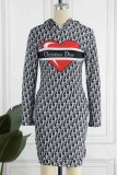 Casual Print Patchwork Letter Hooded Collar A Line Dresses