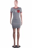 Casual Striped Print Patchwork Letter O Neck Pencil Skirt Dresses