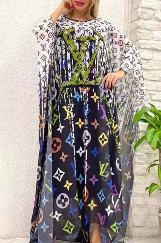 Casual Vacation Print See-through Letter O Neck Irregular Dress Dresses