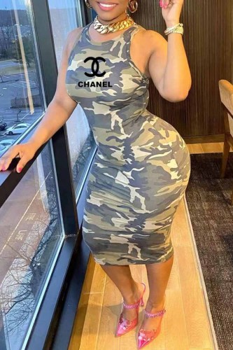 Casual Street Camouflage Print Letter O Neck One Step Skirt Dresses