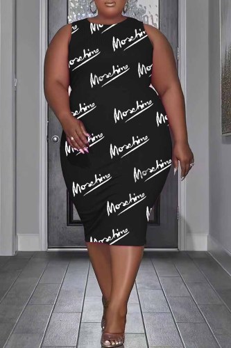 Elegant Print Letter O Neck One Step Skirt Plus Size Dresses