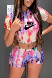 Street Tie Dye Letter O Neck Short Sleeve Two Pieces