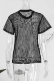 Street Letter See-through Mesh O Neck T-Shirts