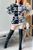 Casual Letter Patchwork O Neck One Step Skirt Dresses
