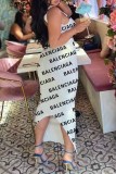 Sexy Print Backless Letter Square Collar Wrapped Skirt Dresses