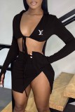 Sexy Print Bandage Letter V Neck Long Sleeve Two Pieces