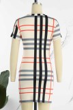 Casual Striped Print Patchwork O Neck One Step Skirt Dresses