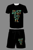 Street Print Letter O Neck Short Sleeve Two Pieces
