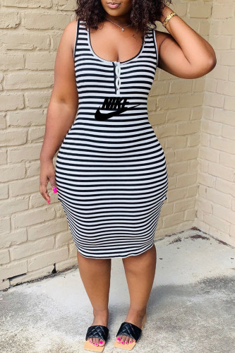 Casual Striped Print Letter U Neck One Step Skirt Dresses