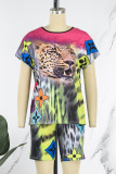Casual Print Animal Patchwork O Neck Short Sleeve Two Pieces