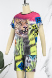 Casual Print Animal Patchwork O Neck Short Sleeve Two Pieces