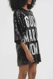 Casual Letter Sequins O Neck Straight Dresses
