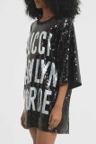 Casual Letter Sequins O Neck Straight Dresses