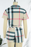 Street Striped Patchwork Turndown Collar Short Sleeve Two Pieces