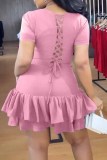 Casual Print Bandage O Neck Cake Skirt Dresses