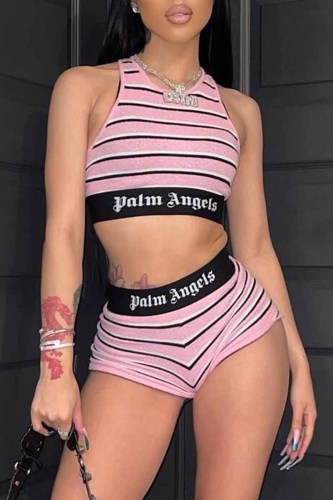Sexy Striped Print Patchwork Letter O Neck Sleeveless Two Pieces