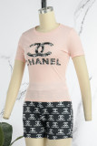 Casual Print Pearl Letter O Neck Short Sleeve Two Pieces