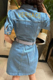 Casual Figure Letter Embroidered Turndown Collar Short Sleeve Denim Dresses(Without Belt)