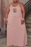 Casual Striped Print Letter V Neck Sling Dress Plus Size Dresses