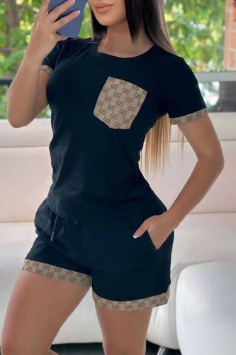 Street Letter Patchwork O Neck Short Sleeve Two Pieces
