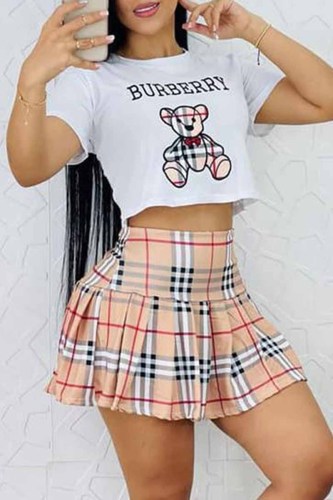 Casual Striped Print Letter O Neck Short Sleeve Two Pieces