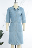 Casual Letter Embroidered Without Belt Turndown Collar Short Sleeve Denim Dresses(Without Belt)