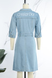 Casual Letter Embroidered Without Belt Turndown Collar Short Sleeve Denim Dresses(Without Belt)