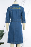 Casual Figure Letter Embroidered Turndown Collar Short Sleeve Denim Dresses(Without Belt)