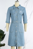 Casual Letter Embroidered Turndown Collar Short Sleeve Denim Dresses(Without Belt)