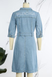 Casual Letter Embroidered Turndown Collar Short Sleeve Denim Dresses(Without Belt)