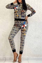 Casual Character Print Letter Zipper Collar Long Sleeve Two Pieces