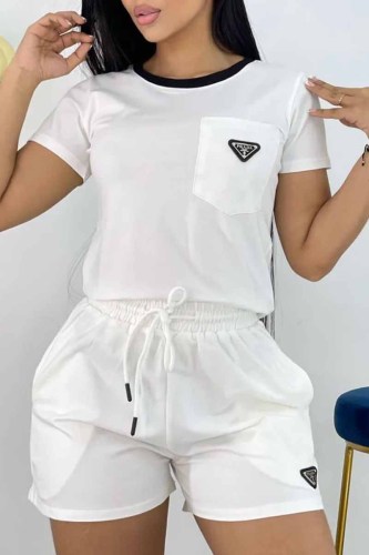 Casual Solid Patchwork O Neck Short Sleeve Two Pieces