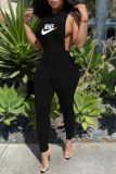 Casual Print Letter Turndown Collar Jumpsuits